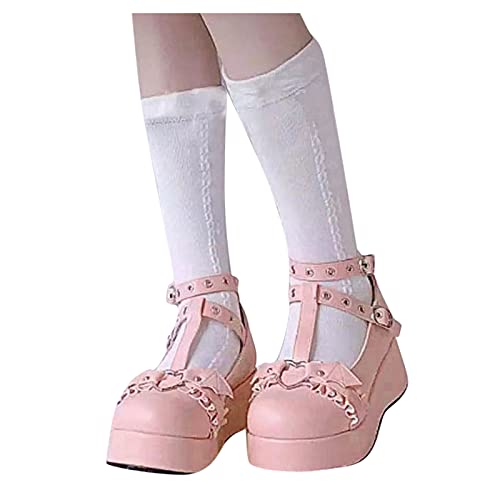 Damen Mary Jane Pumps Lolita Gothic Plateau Mary Jane Halbschuhe Blockabsatz Cosplay Schuhe Pumps Retro Schnallenriemen Runde Zehen Wohnungen Flacher Mund Prinzessin Schuhe (Rosa, 38) von TT-