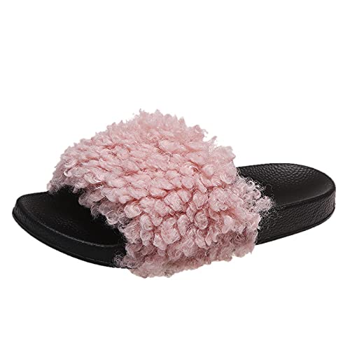 Hausschuhe Damen Schlappen mit Kunstfell Fell Pelz Sandalen Pantoffel-Flipflops Pantoletten Sommer Flaumiger Slipper Hausschuhe PVC rutschfeste Pantoffeln Outdoor/Indoor (Rosa, 40) von TT-