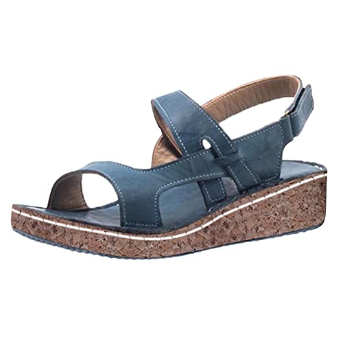 Plateau Sommerschuhe Freizeitschuhe Damen Sommer Espadrilles Sandalen Frauen Casual Keilsandalen Mode Schnalle Retro Peep Toe Strand 4CM Weiß Blau Schwarz (Blau, 40) von TT-