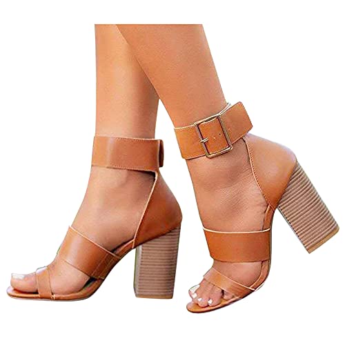 TT- Damen High Heels Party Pumps Schuhe Hausschuhe Abendschuh mit offener Zehenpartie Sandaletten High Heels Stiletto Absatz, mit Knöchelriemen Blockabsatz, hoher Absatz, für Partys (Braun, 38) von TT-