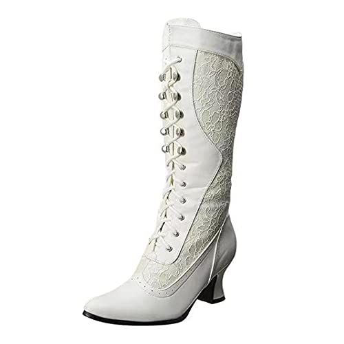 TT- Stiefel Hoch Damen mit Absatz und Lace Schnürstiefel Stiefelette Gothic Gladiator edel Winterstiefel Winterboots aus PU Leder Schwarz Weiß Übergangsschuhe Reißverschluss (Weiß, 39) von TT-