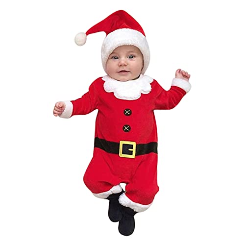 Weihnachten Baby Junge Mädchen Strampler Schlafanzug Overall Kleidung Kinder Pullover Pyjama Outfits Set Weihnachten Langarm Santa Print Striped Jumpsuit + Hut Outfit Herbst Winter (Red, 0-3 Months) von TT-