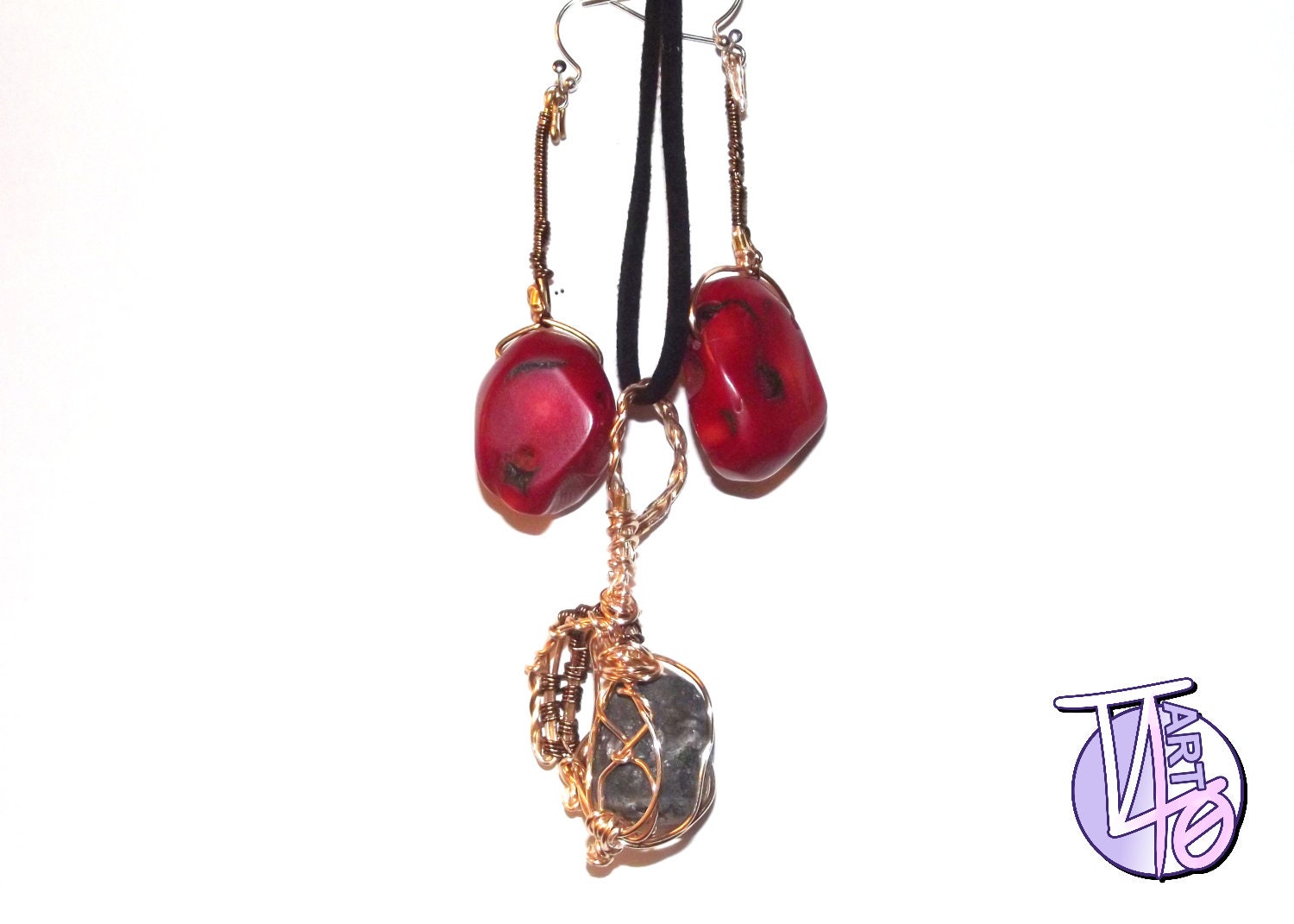 Draht Umwickelt Rot Glas-Schmuck-Set, Mit Kette von TT40Art