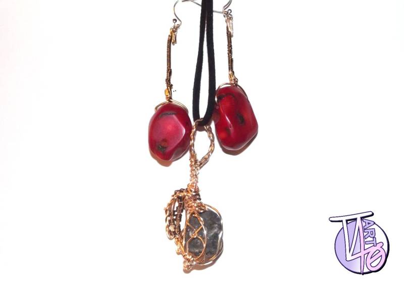 Draht Umwickelt Rot Glas-Schmuck-Set, Mit Kette von TT40Art