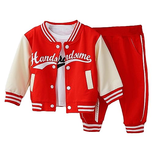 TTAO 3 Pcs Baby Jungen Mädchen Kleidung Baseball-Jacke Sweatshirt + Hose Dreiteiler Set Neugeborene Outfit Set für Kleinkinder Herbst Winter Rot 68-80 von TTAO