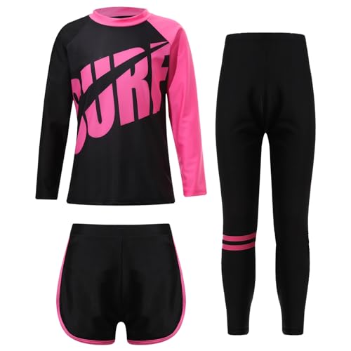 TTAO 3 Stück Mädchen Kinder Badeanzug Islamische Schwimmanzug Bunten Druck Bademode Burkini Shirt + Hosen mit Rock+Kappe Gr.104-152 Rosa 158-164 von TTAO