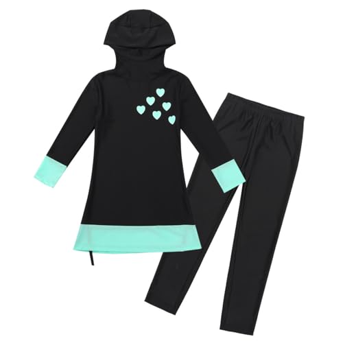 TTAO 3 Stück Mädchen Kinder Badeanzug Islamische Schwimmanzug Bunten Druck Bademode Burkini Shirt + Hosen mit Rock+Kappe Gr.104-152 Schwarz B 158-164 von TTAO