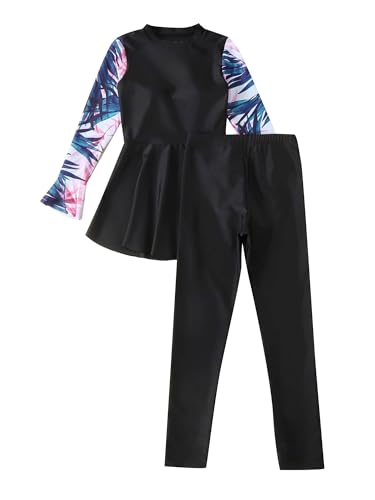 TTAO 3 Stück Mädchen Kinder Badeanzug Islamische Schwimmanzug Bunten Druck Bademode Burkini Shirt + Hosen mit Rock+Kappe Gr.104-152 Schwarz C 146-152 von TTAO