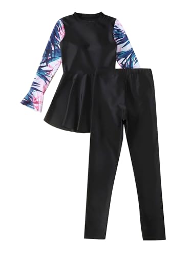 TTAO 3 Stück Mädchen Kinder Badeanzug Islamische Schwimmanzug Bunten Druck Bademode Burkini Shirt + Hosen mit Rock+Kappe Gr.104-152 Schwarz C 158-164 von TTAO