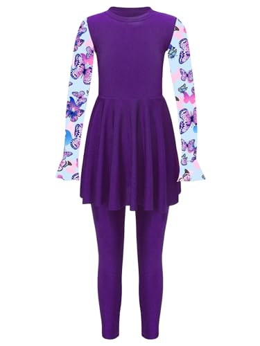 TTAO 3 Stück Mädchen Kinder Badeanzug Islamische Schwimmanzug Bunten Druck Bademode Burkini Shirt + Hosen mit Rock+Kappe Gr.104-152 Violett D 146-152 von TTAO