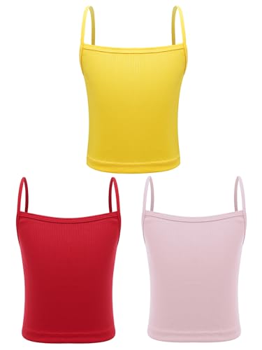 TTAO 3er-Pack Mädchen Baumwolle Unterhemden Spaghettiträger Top Einfarbig Cami Shirt Sommer Sportswear Tanktops Tanzbekleidung Rosa & Gelb & Rot 128-140 von TTAO