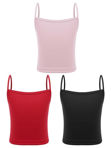 TTAO 3er-Pack Mädchen Baumwolle Unterhemden Spaghettiträger Top Einfarbig Cami Shirt Sommer Sportswear Tanktops Tanzbekleidung Schwarz & Rot & Rosa 140-152 von TTAO