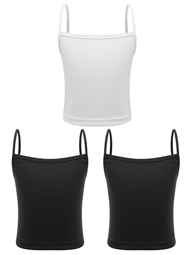 TTAO 3er-Pack Mädchen Baumwolle Unterhemden Spaghettiträger Top Einfarbig Cami Shirt Sommer Sportswear Tanktops Tanzbekleidung Schwarz&Schwarz&Weiß 140-152 von TTAO
