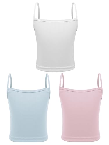 TTAO 3er-Pack Mädchen Baumwolle Unterhemden Spaghettiträger Top Einfarbig Cami Shirt Sommer Sportswear Tanktops Tanzbekleidung Weiß & Hellblau & Rosa 128-140 von TTAO