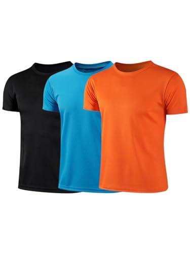 TTAO 3er Pack Unisex Kinder Funktions Teamsport T-Shirt Jungen Atmungsaktiver Sport-T-Shirts Schnell Trocknend Kurzarm Hemd Basic Rundhals Soccer Top Schwarz&Blau&Orange 164-170 von TTAO