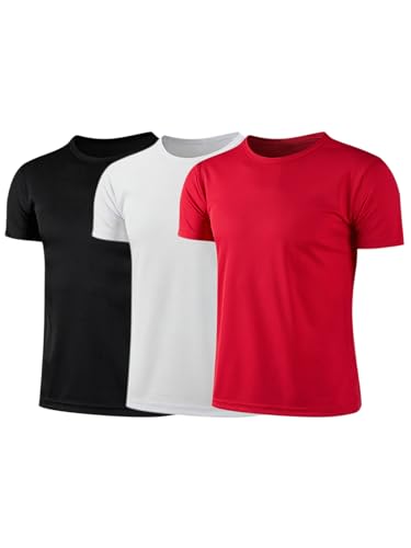TTAO 3er Pack Unisex Kinder Funktions Teamsport T-Shirt Jungen Atmungsaktiver Sport-T-Shirts Schnell Trocknend Kurzarm Hemd Basic Rundhals Soccer Top Schwarz&Weiß&Rot 152-158 von TTAO