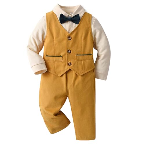 TTAO Baby Jungen Gentleman Bekleidungssets Langarm Fliege Hemd + Weste + Lange Hose Smoking Anzug Festlich Party Hochzeit Outfits Gelb A 50-56 von TTAO