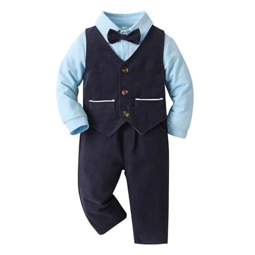 TTAO Baby Jungen Gentleman Bekleidungssets Langarm Fliege Hemd + Weste + Lange Hose Smoking Anzug Festlich Party Hochzeit Outfits Marineblau A 50-56 von TTAO