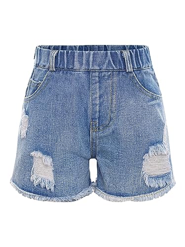 TTAO Kinder Mädchen Jeans Shorts Sommer Kurze Denim Hose Elastische Taille Stoffshorts mit Taschen Sommerkleidung gr. 92-176 Blau 140-146 von TTAO