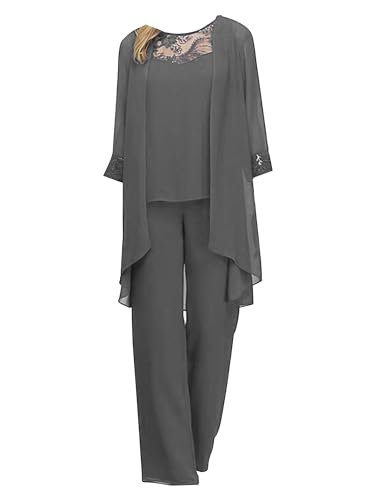 TTAO Damen Abendanzug Sets Dreiteiler Chiffon Shirt und Hohe Taille Hosenanzug Elegant 3-Teiliges Set Outfit Cocktail Party Festlich Hosenanzug Grau 4XL von TTAO