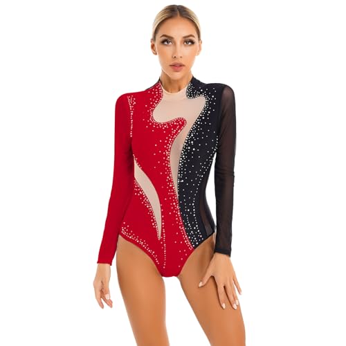 TTAO Damen Ballett Tanz-Body Ärmellos/Langarm Bodysuit Gymnastikbody Trikot Gymnastik Leotard Top Latein Overalls Turnanzug Schwarz Rot D XL von TTAO