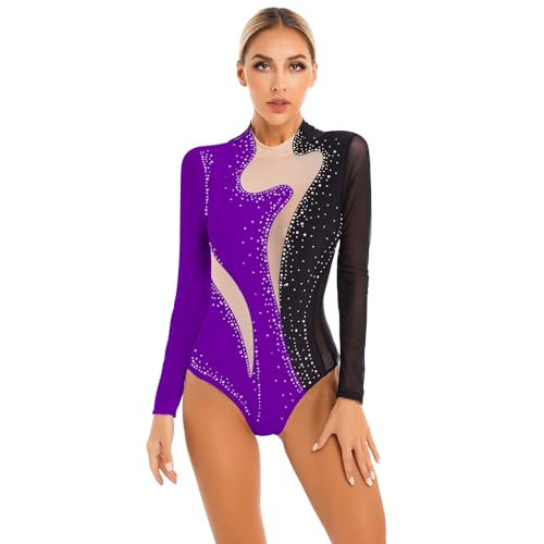 TTAO Damen Ballett Tanz-Body Ärmellos/Langarm Bodysuit Gymnastikbody Trikot Gymnastik Leotard Top Latein Overalls Turnanzug Schwarz & Lila D S von TTAO