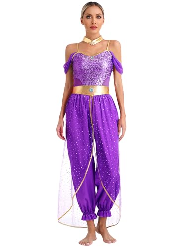 TTAO Damen Bauchtanz Outfits Orientalische Indische Verkleidung Gesichtsschleier Bauchtänzerin Halloween Karneval Fasching Party Tanzkleidung Violett XXL von TTAO