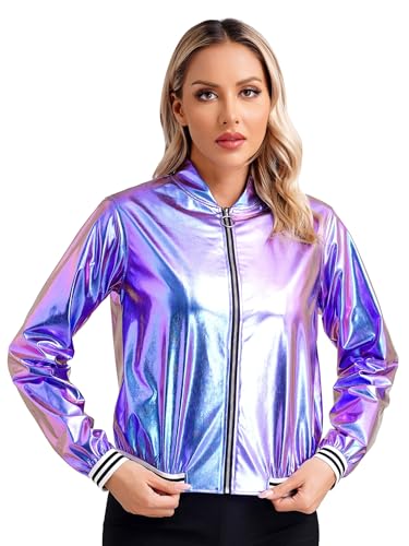 TTAO Damen Blouson Reißverschluss Langarm Party Leicht Streifen Bomberjacke glänzend Jacke Holographic Sparkle Party Bomber Jacken Blau L von TTAO