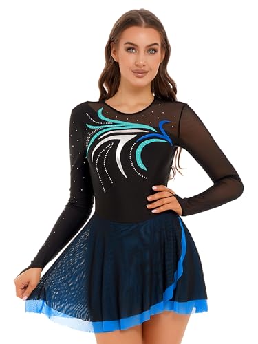 TTAO Damen Eiskunstlauf Kleid Glitzer Langarm Rollschuhkleid Ballett Trikotanzug Tanz Leotard Ballettanzug Trikot Body Eislaufen Wettkämpfe Bekleidung Blue Green L von TTAO