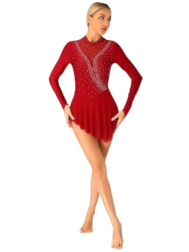 TTAO Damen Eiskunstlauf Kleid Glitzer Langarm Rollschuhkleid Ballett Trikotanzug Tanz Leotard Ballettanzug Trikot Body Eislaufen Wettkämpfe Bekleidung Burgundy A L von TTAO