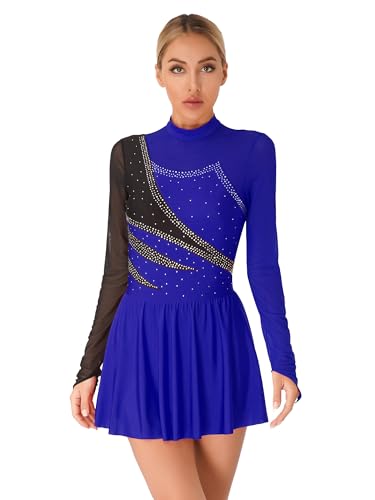 TTAO Damen Eiskunstlauf Kleid Glitzer Langarm Rollschuhkleid Ballett Trikotanzug Tanz Leotard Ballettanzug Trikot Body Eislaufen Wettkämpfe Bekleidung Royal Blue B M von TTAO