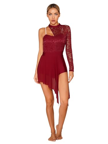TTAO Damen Eiskunstlauf Kleid Langarm Mesh Spitze Patchwork Tanzkleider Elegant Tanzbody mit Gefaltet Röckchen Wettbewerb Tanzbekleidung Burgundy M von TTAO