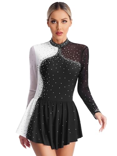 TTAO Damen Eiskunstlauf Kleid Langarm Tanzkleider mit Glitzer Mesh Spleiß Turnanzug Ballettanzug Trikot mit Rock Eislaufen Wettkämpfe Bekleidung Schwarz XXL von TTAO