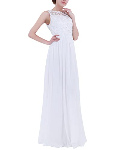 TTAO Damen Elegent Ballkleid Maxi Lang Abendkleider Spitze Brautjungfern Partykleid Chiffon Abiballkleider Einfarbig Cocktailkleid Sommerkleid Weiß 36 von TTAO