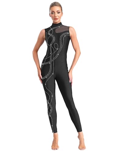 TTAO Damen Ganzkörperanzug Sportlich Lang Turnanzug Ärmellos Gymnastik Eiskunstlauf Kostüm Strass Tanzbody Gymnastikanzug Sport Junpsuit Schwarz XXL von TTAO
