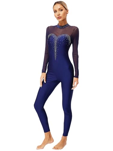 TTAO Damen Ganzkörperanzug Sportlich Lang Turnanzug Gymnastik Eiskunstlauf Kostüm Strass Tanzbody Gymnastikanzug Sport Junpsuit Navy blau S von TTAO