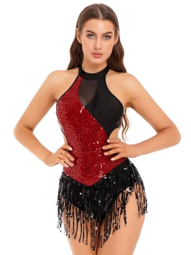 TTAO Damen Glänzend ÄrmellosTanztrikot Pailletten Tanzkostüm Fransen Tanz Ballett Latein Body Leotard Latein Salsa Ballsaal Party Outfits Burgundy S von TTAO