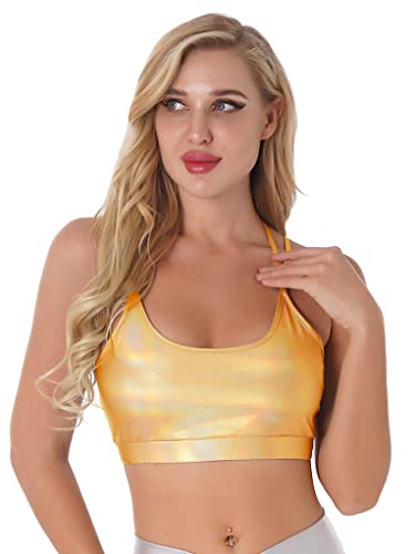 TTAO Damen Glänzend BH Strappy Bra Sport Unterwäsche Bikinioberteil in Lederoptik Sommer Crop Top Kurz Bauchfrei Weste Gogo Clubwear Gold S von TTAO