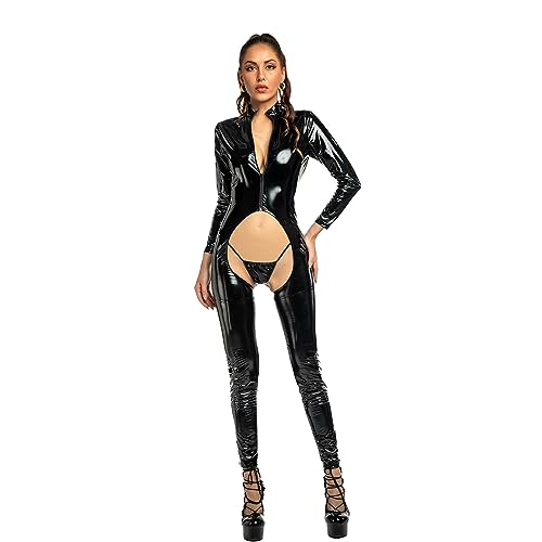 TTAO Damen Glänzend Catsuit Ouvert Pants Lack Leder Ganzkörper Anzug Slim Fit Figurbetont Body Langarm Hosenanzug Clubwear Schwarz M von TTAO