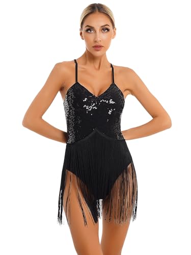 TTAO Damen Glänzend Tanzkostüm Pailletten Fransen Tanz Ballett Latein Body Leotard Latein Salsa Ballsaal Party Outfits Schwarz E S von TTAO