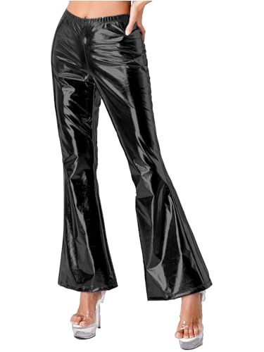 TTAO Damen Glänzende Metallic Schlaghose 70er Jahre Hohe Taille Ausgestellte Hosen Stretchy Bell Bottom Disco Wide Leg Pants Hosen Club Wear Schwarz M von TTAO