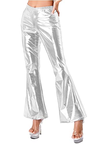 TTAO Damen Glänzende Metallic Schlaghose 70er Jahre Hohe Taille Ausgestellte Hosen Stretchy Bell Bottom Disco Wide Leg Pants Hosen Club Wear Silber XXL von TTAO