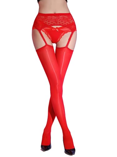 TTAO Damen Hosenträger Strumpfhose mit offenem Schritt Strumpfband Gürtel Strümpfe Hohe Taille Straps-Stocking Rot C Einheitsgröße von TTAO