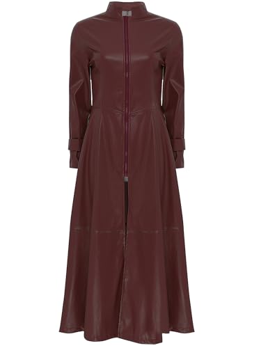 TTAO Damen Kunstlederjacke Schwarzer Langer Ledermantel Mantel lang Lack-Mantel Trenchcoat Windjacke Outwear Mit Reißverschluss Burgundy 5XL von TTAO