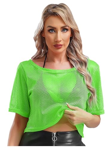 TTAO Damen Kurzarm Strand Netz Oberteil Sommer Netzhemd Crop Top 80er Jahre Outfits Karneval Fasching Party Netzoberteil Neon Shirt Leuchtendes Grün XL von TTAO