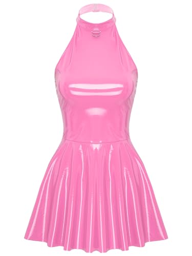 TTAO Damen Lederkleider Sexy Partykleid Brust Offen Minikleid Ärmellos Glanz Dessous Rave Gogo Sex Kleidung Rosa A XXL von TTAO