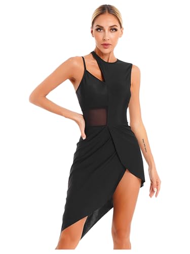 TTAO Damen Lyrisch Tanzkleid Ballettanzug Ärmellos Asymmetrisches Minikleid Ballerina Kleid Modern Tanzkostüm Bühnenanzug Schwarz S von TTAO