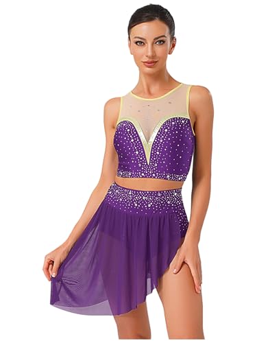 TTAO Damen Lyrische Tanzkleider Zweiteiler Tanztop Und Asymmetrischer Rock Set Ballettanzug Moderne Performance Dancewear Violett M von TTAO