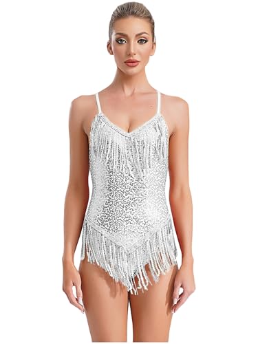 TTAO Damen Pailletten Tanz-Body Ärmellos Glitzer Gymnastikbody Ballett Trikot Leotard mit Quaste Latein Overalls Turnanzug Ballettanzug Weiß S von TTAO