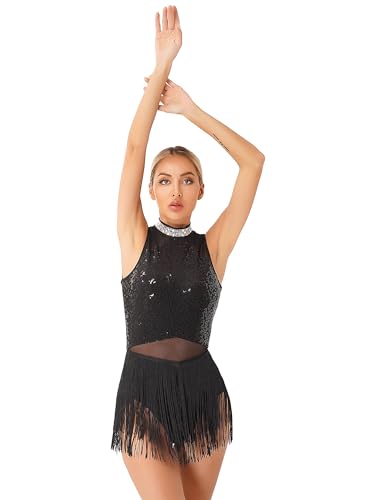 TTAO Damen Pailletten Tanz-Body Ballettbody Ärmellos Glitzer Gymnastikbody Ballett Trikot Leotard Latein Overalls Turnanzug Ballettanzug Schwarz A XL von TTAO